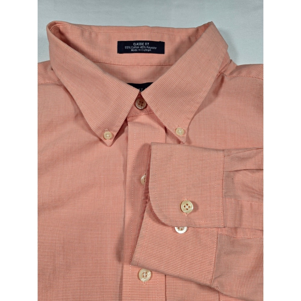 Chaps Mens Shirt 17.5 34/35 Classic Fit Peach Check Wrinkle Free Button Down